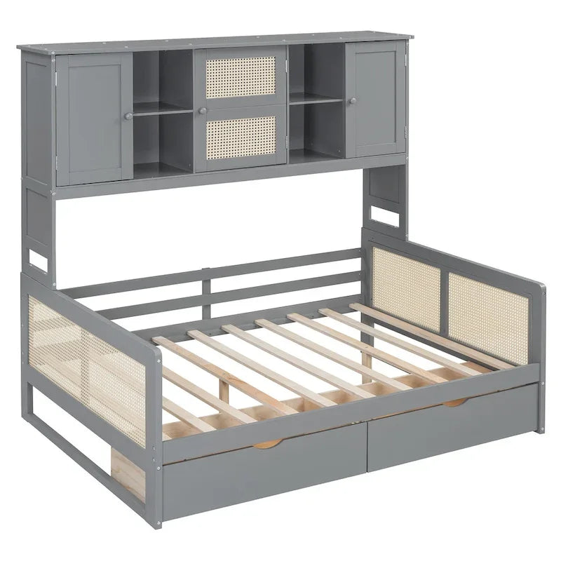 Modernes Tagesbett in voller Größe aus Holz mit Stauraum, Plattformbettgestell mit All-in-One-Schrank, 2 Schubladen und Ablagefach