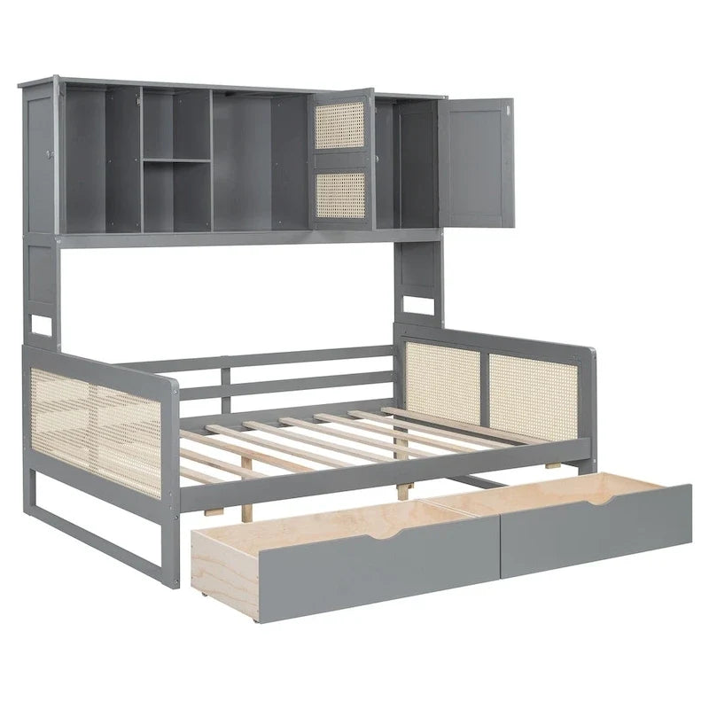 Modernes Tagesbett in voller Größe aus Holz mit Stauraum, Plattformbettgestell mit All-in-One-Schrank, 2 Schubladen und Ablagefach