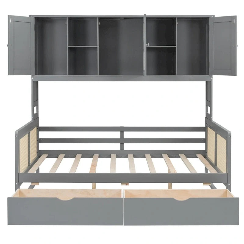 Modernes Tagesbett in voller Größe aus Holz mit Stauraum, Plattformbettgestell mit All-in-One-Schrank, 2 Schubladen und Ablagefach