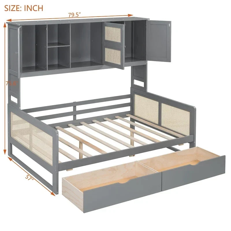 Modernes Tagesbett in voller Größe aus Holz mit Stauraum, Plattformbettgestell mit All-in-One-Schrank, 2 Schubladen und Ablagefach
