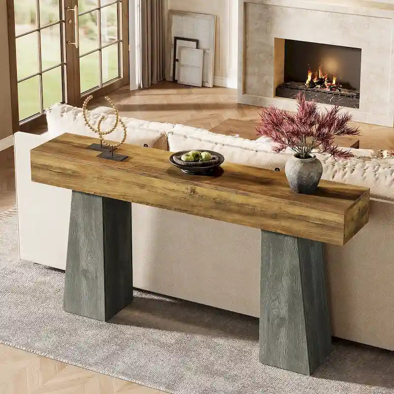 Mesa de entrada estilo granja, mesa consola larga de madera para sofá de 63 pulgadasB