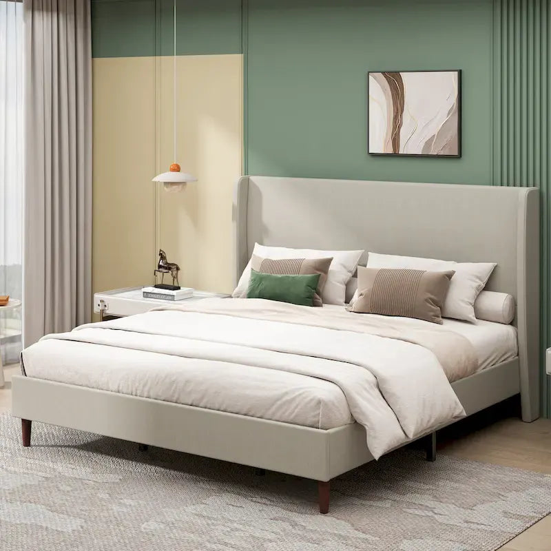 King Platform Bed with Solid Wood Legs & 12-Slat Support