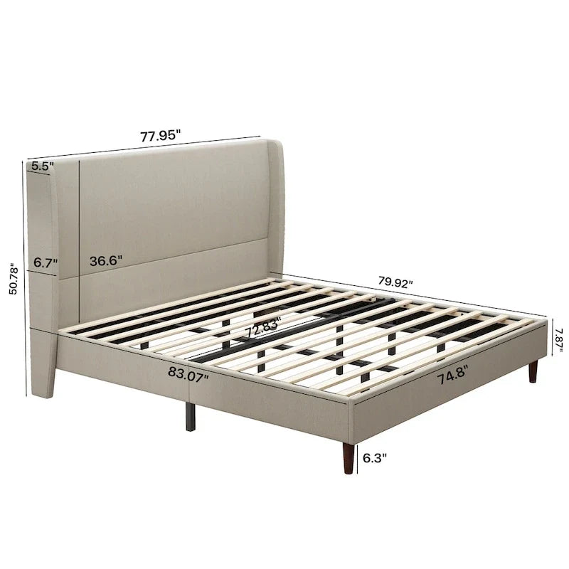 Lit plateforme format King avec pieds en bois massif et support à 12 lattes