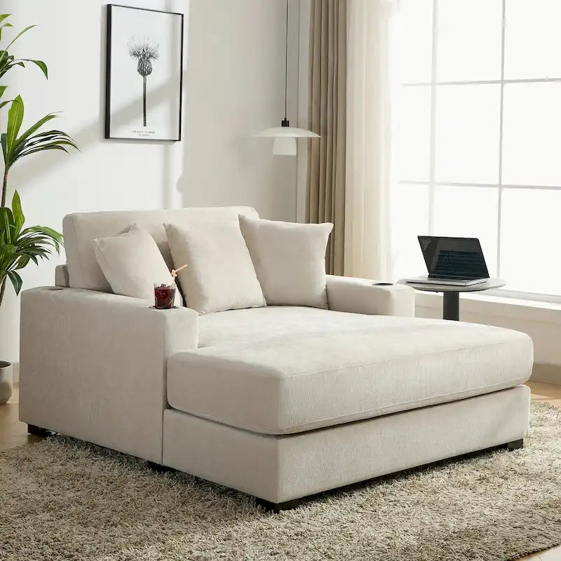 Sofá chaise longue extragrande y moderno con cojines, estación de carga y portavasos