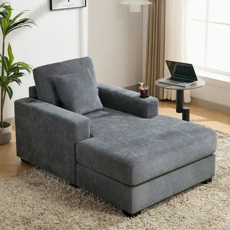 Sofá chaise longue extragrande y moderno con cojines, estación de carga y portavasos