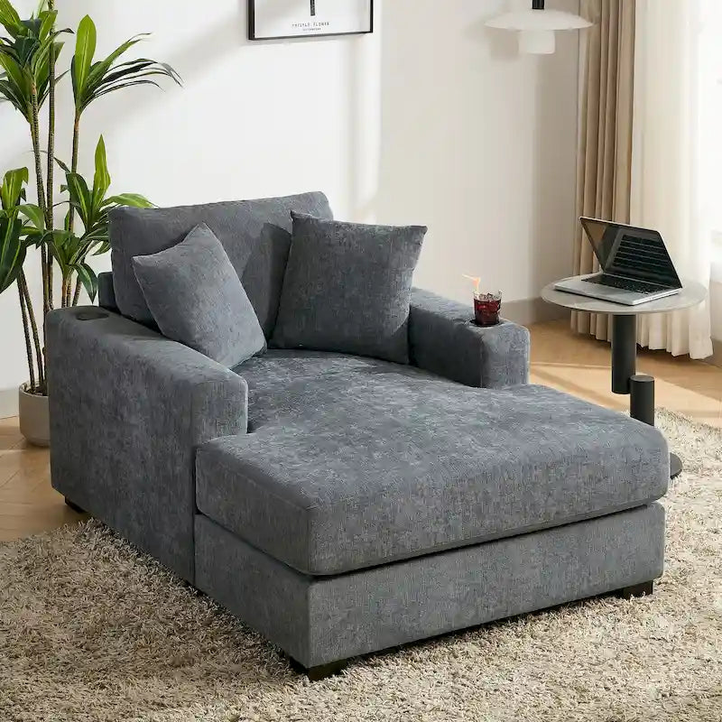 Sofá chaise longue extragrande y moderno con cojines, estación de carga y portavasos