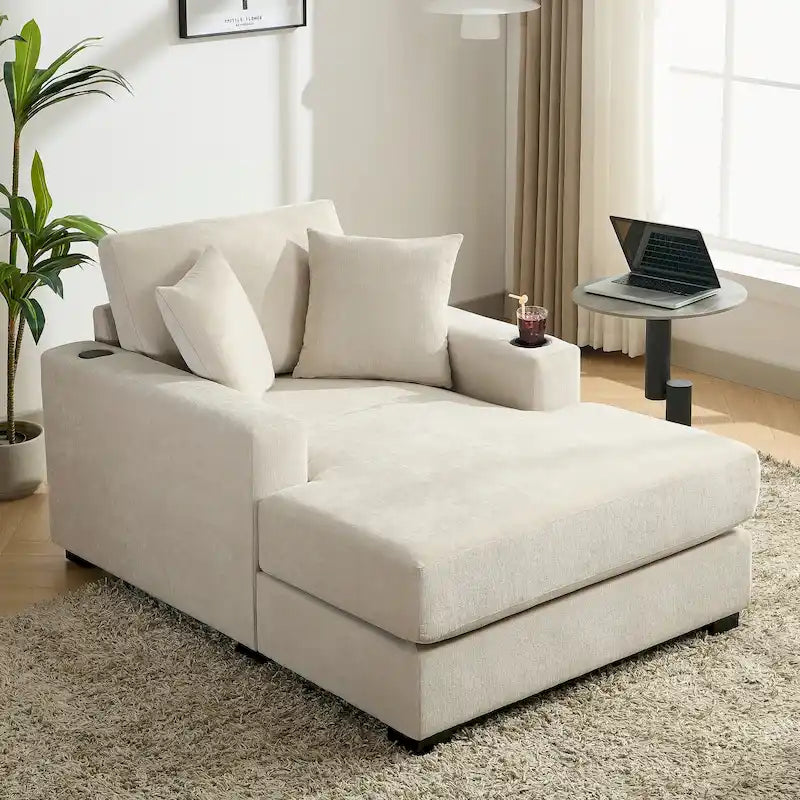 Sofá chaise longue extragrande y moderno con cojines, estación de carga y portavasos