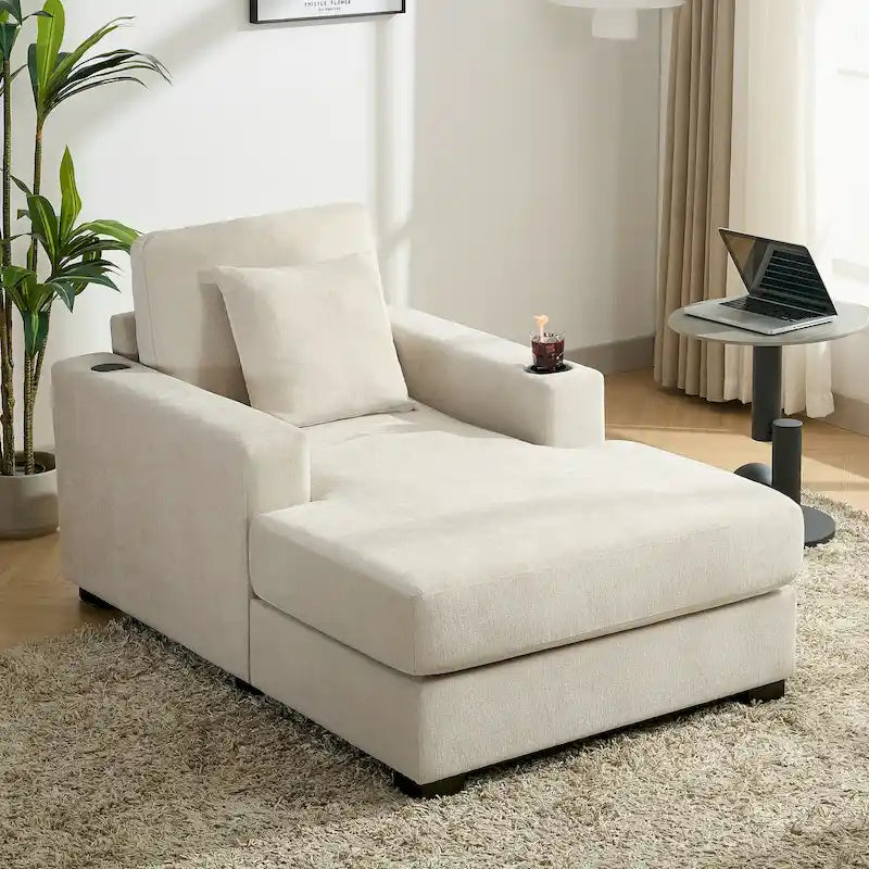 Sofá chaise longue extragrande y moderno con cojines, estación de carga y portavasos