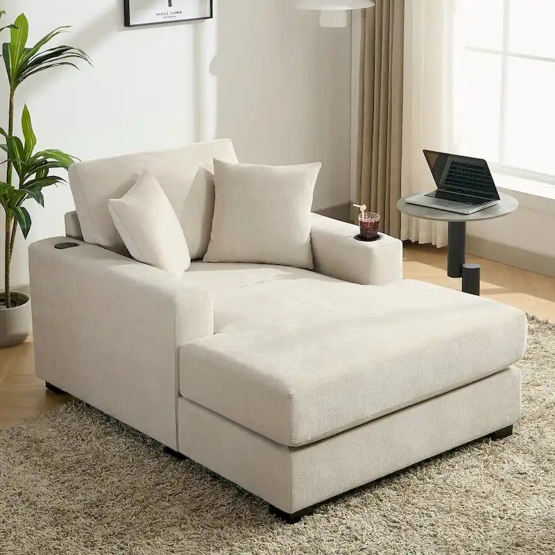 Sofá chaise longue extragrande y moderno con cojines, estación de carga y portavasos
