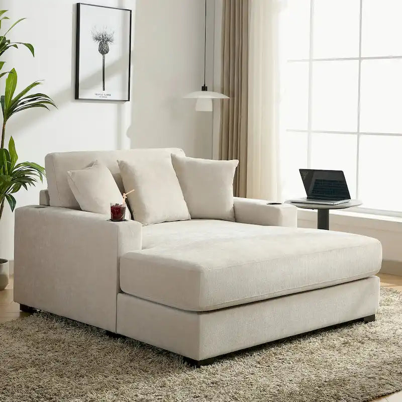 Übergroßes modernes Chaiselongue-Sofa mit Kissen, Ladestation und Getränkehaltern