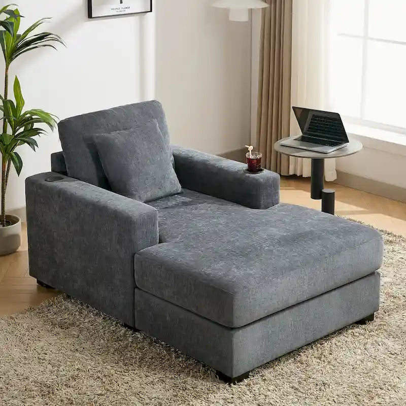 Übergroßes modernes Chaiselongue-Sofa mit Kissen, Ladestation und Getränkehaltern