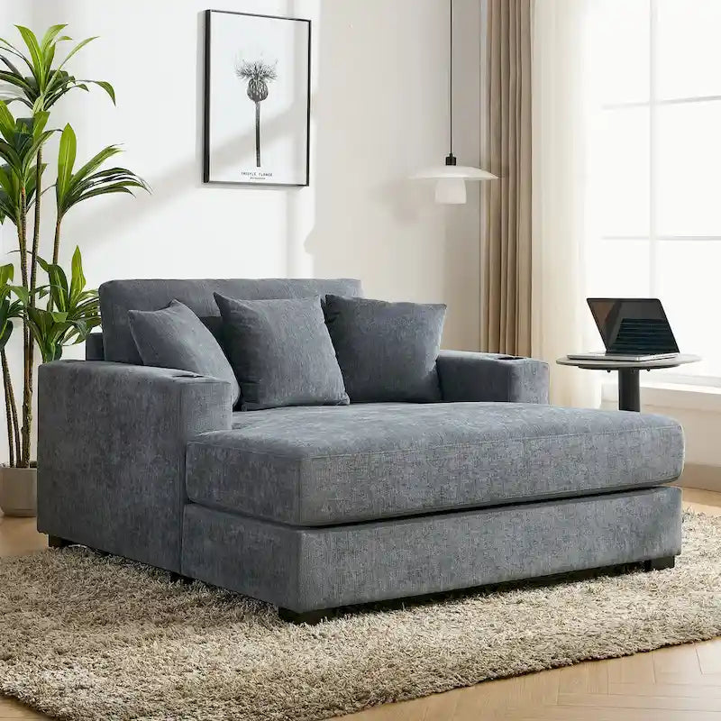 Übergroßes modernes Chaiselongue-Sofa mit Kissen, Ladestation und Getränkehaltern