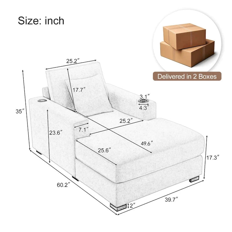 Übergroßes modernes Chaiselongue-Sofa mit Kissen, Ladestation und Getränkehaltern