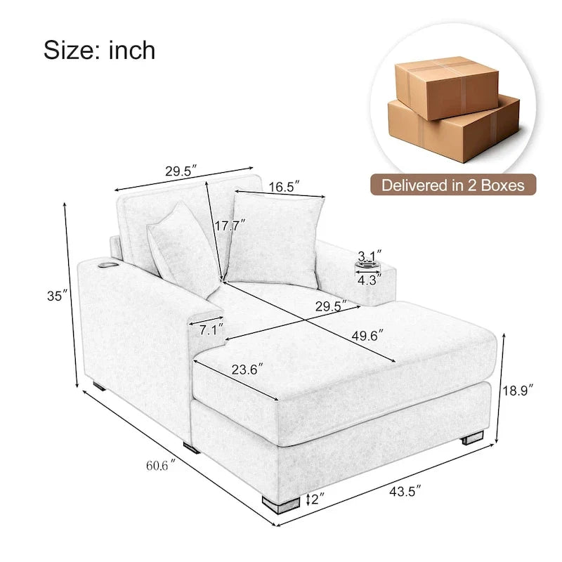 Übergroßes modernes Chaiselongue-Sofa mit Kissen, Ladestation und Getränkehaltern