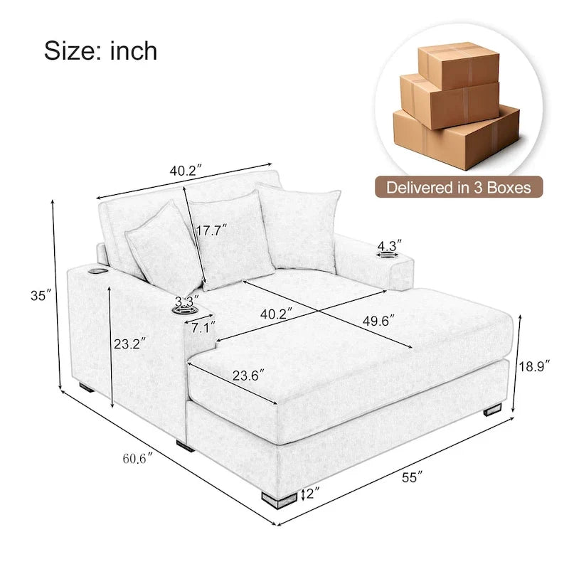 Übergroßes modernes Chaiselongue-Sofa mit Kissen, Ladestation und Getränkehaltern