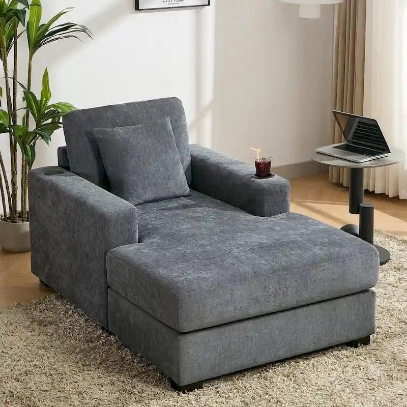 Übergroßes modernes Chaiselongue-Sofa mit Kissen, Ladestation und Getränkehaltern