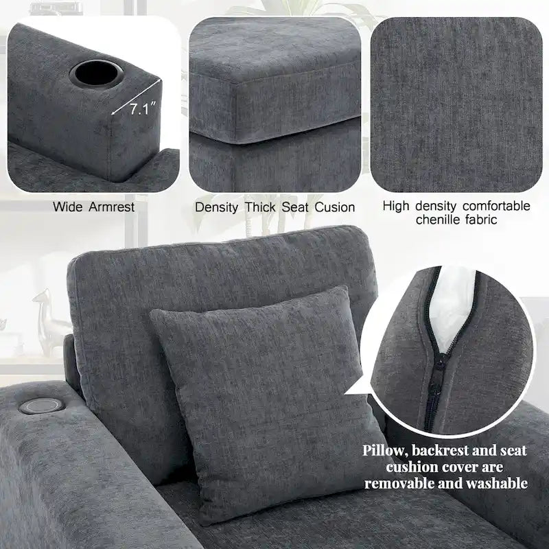 Übergroßes modernes Chaiselongue-Sofa mit Kissen, Ladestation und Getränkehaltern