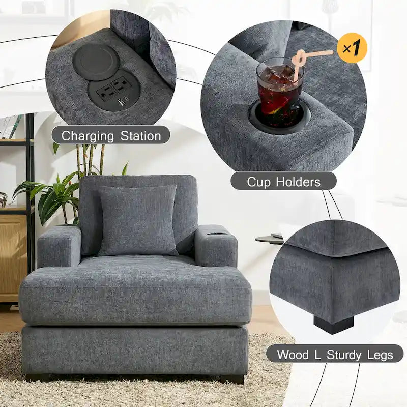 Übergroßes modernes Chaiselongue-Sofa mit Kissen, Ladestation und Getränkehaltern