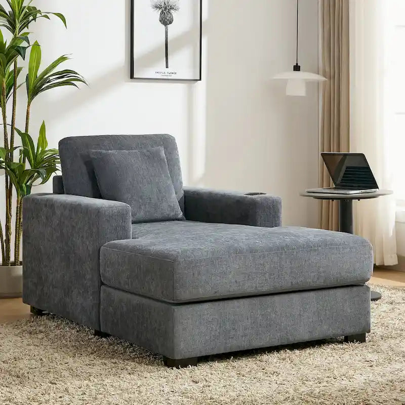 Übergroßes modernes Chaiselongue-Sofa mit Kissen, Ladestation und Getränkehaltern