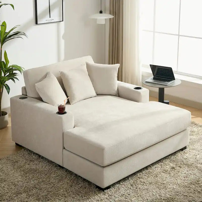 Übergroßes modernes Chaiselongue-Sofa mit Kissen, Ladestation und Getränkehaltern