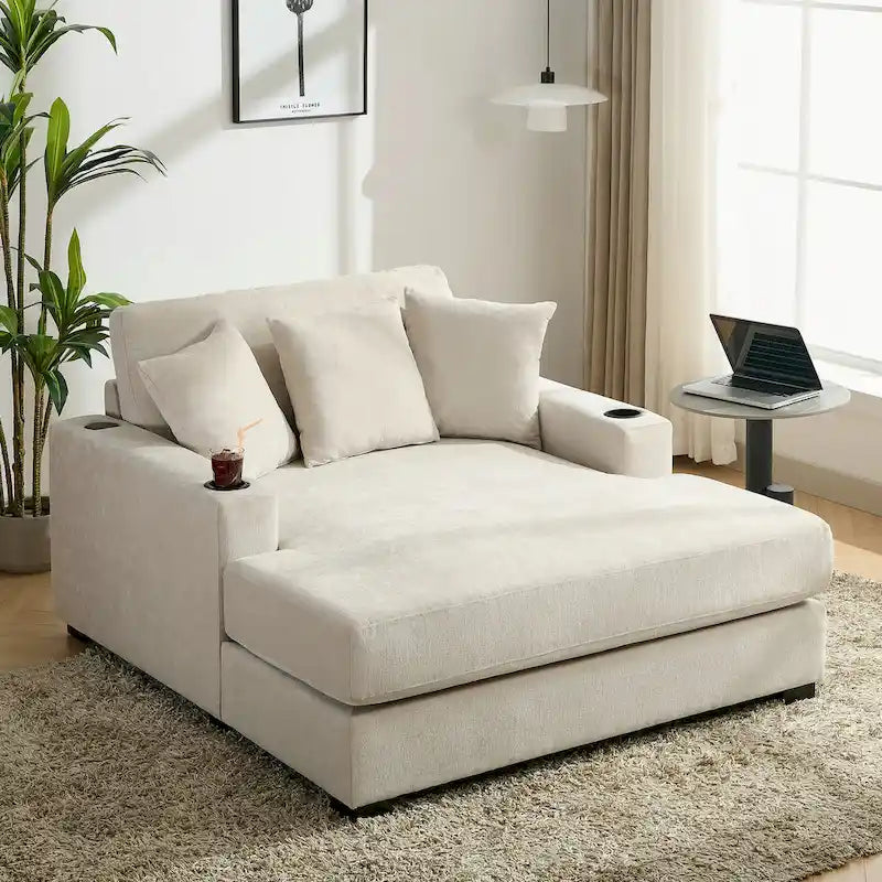 Übergroßes modernes Chaiselongue-Sofa mit Kissen, Ladestation und Getränkehaltern