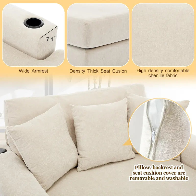 Übergroßes modernes Chaiselongue-Sofa mit Kissen, Ladestation und Getränkehaltern