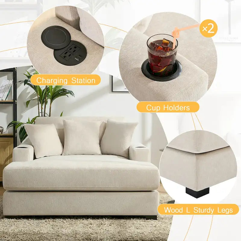 Übergroßes modernes Chaiselongue-Sofa mit Kissen, Ladestation und Getränkehaltern