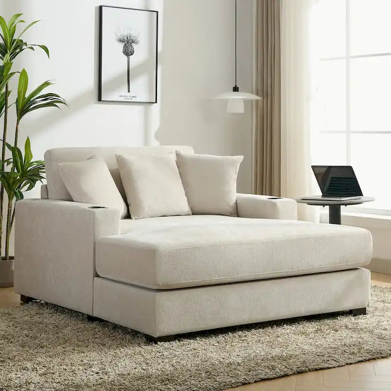 Übergroßes modernes Chaiselongue-Sofa mit Kissen, Ladestation und Getränkehaltern