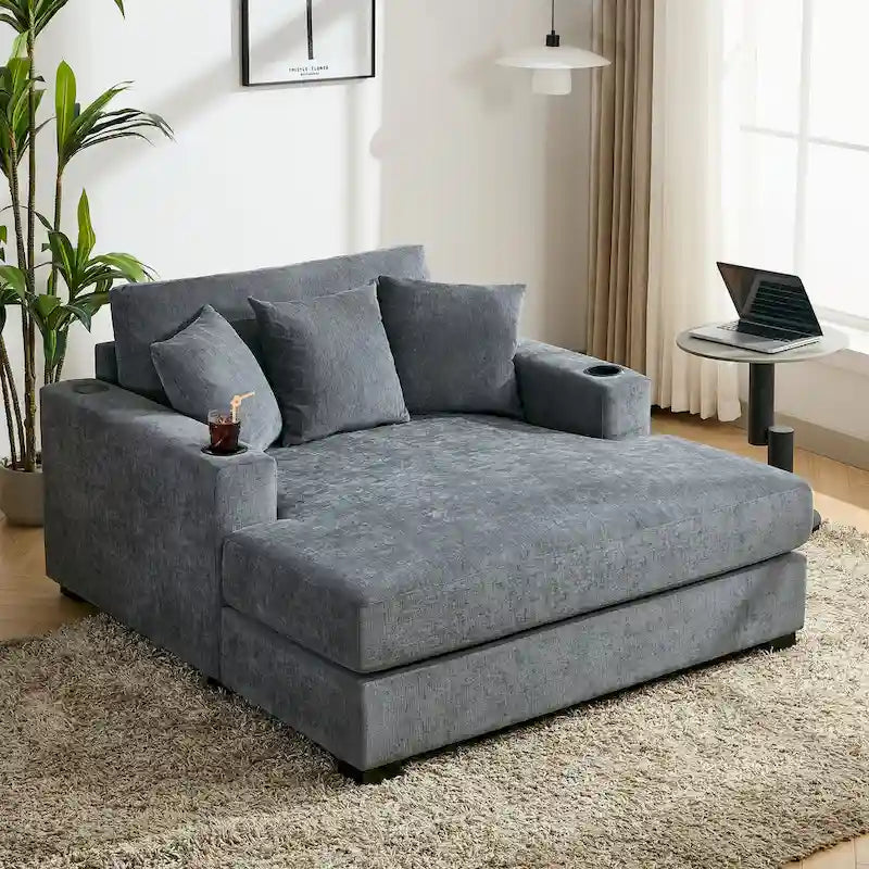 Übergroßes modernes Chaiselongue-Sofa mit Kissen, Ladestation und Getränkehaltern