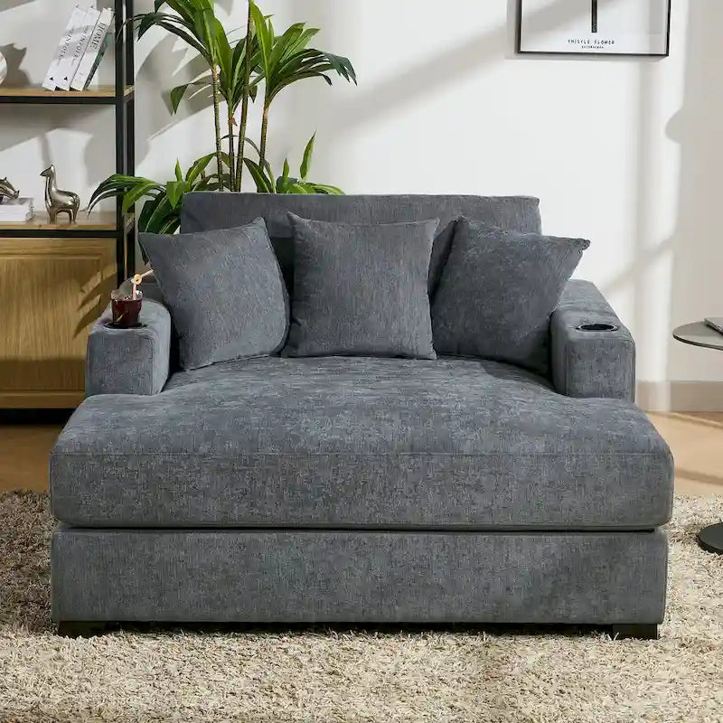Übergroßes modernes Chaiselongue-Sofa mit Kissen, Ladestation und Getränkehaltern