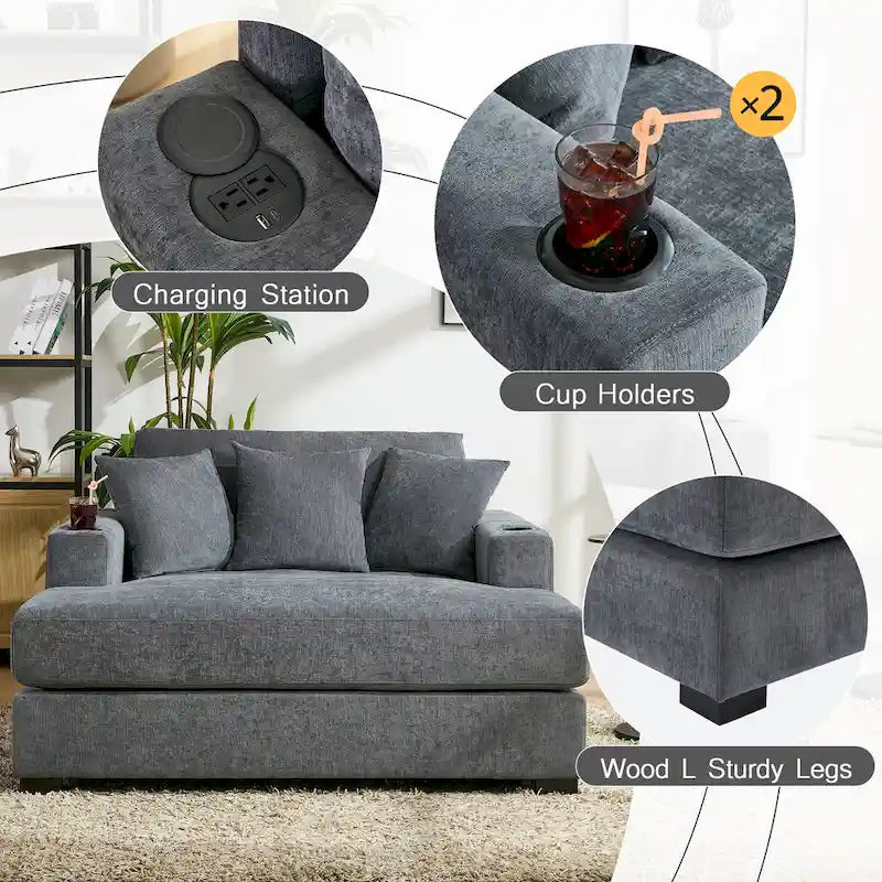 Übergroßes modernes Chaiselongue-Sofa mit Kissen, Ladestation und Getränkehaltern