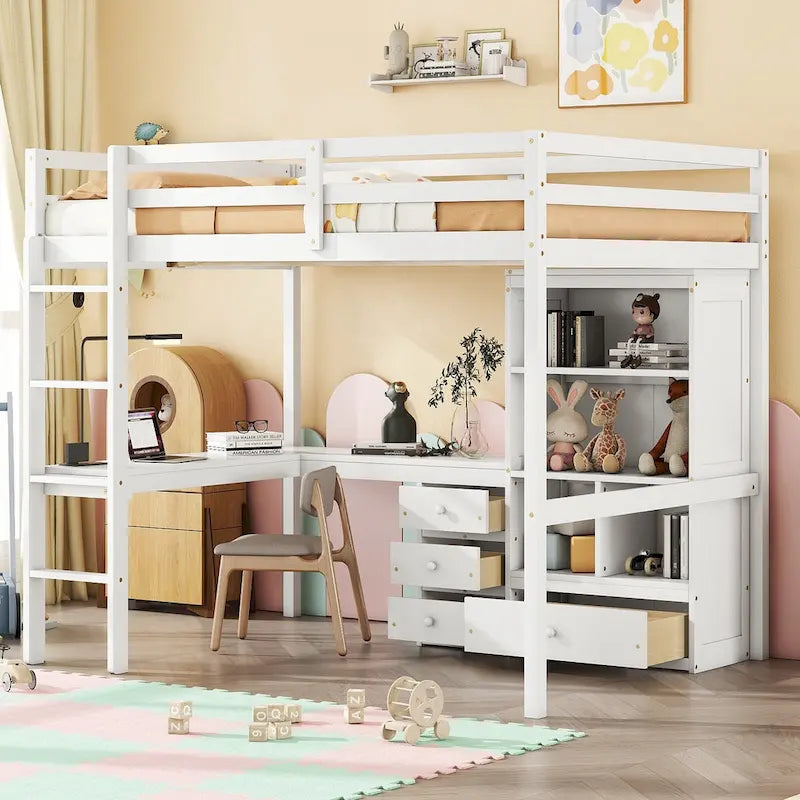 Lit mezzanine en bois de taille standard avec bureau en forme de L, étagères de rangement et tiroirs