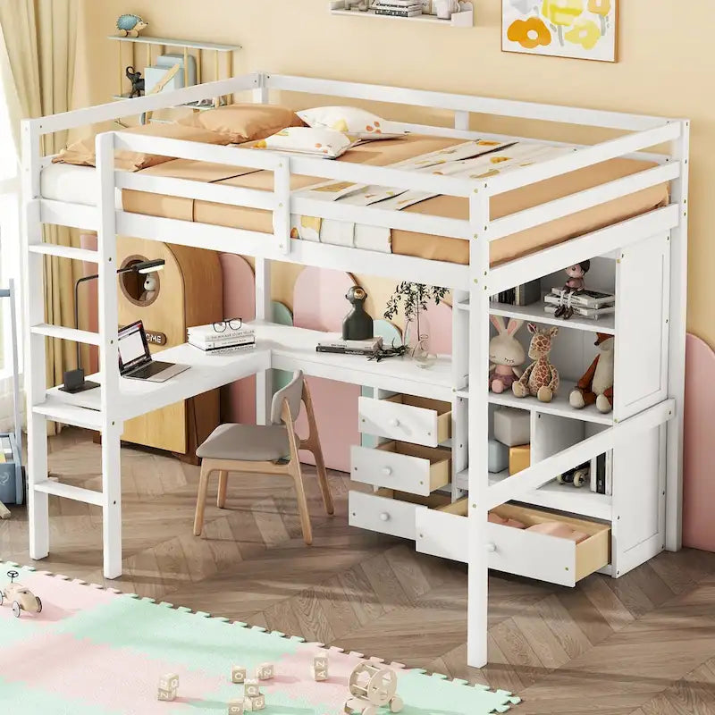 Lit mezzanine en bois de taille standard avec bureau en forme de L, étagères de rangement et tiroirs