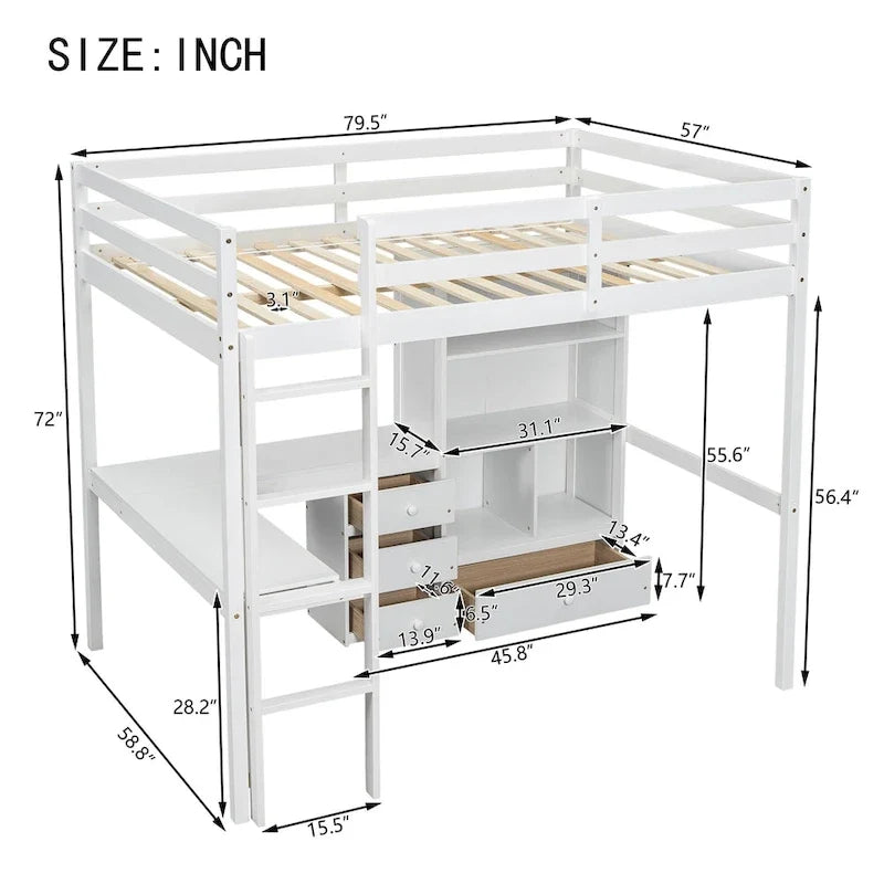 Lit mezzanine en bois de taille standard avec bureau en forme de L, étagères de rangement et tiroirs