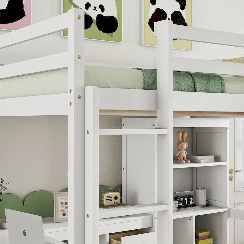 Lit mezzanine en bois de taille standard avec bureau en forme de L, étagères de rangement et tiroirs