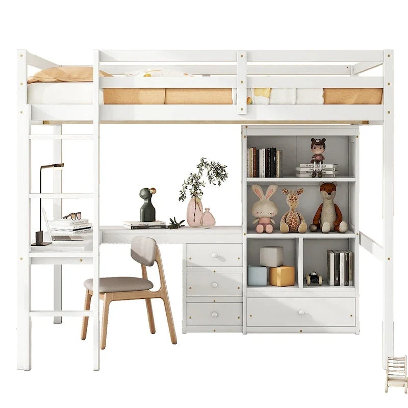 Lit mezzanine en bois de taille standard avec bureau en forme de L, étagères de rangement et tiroirs