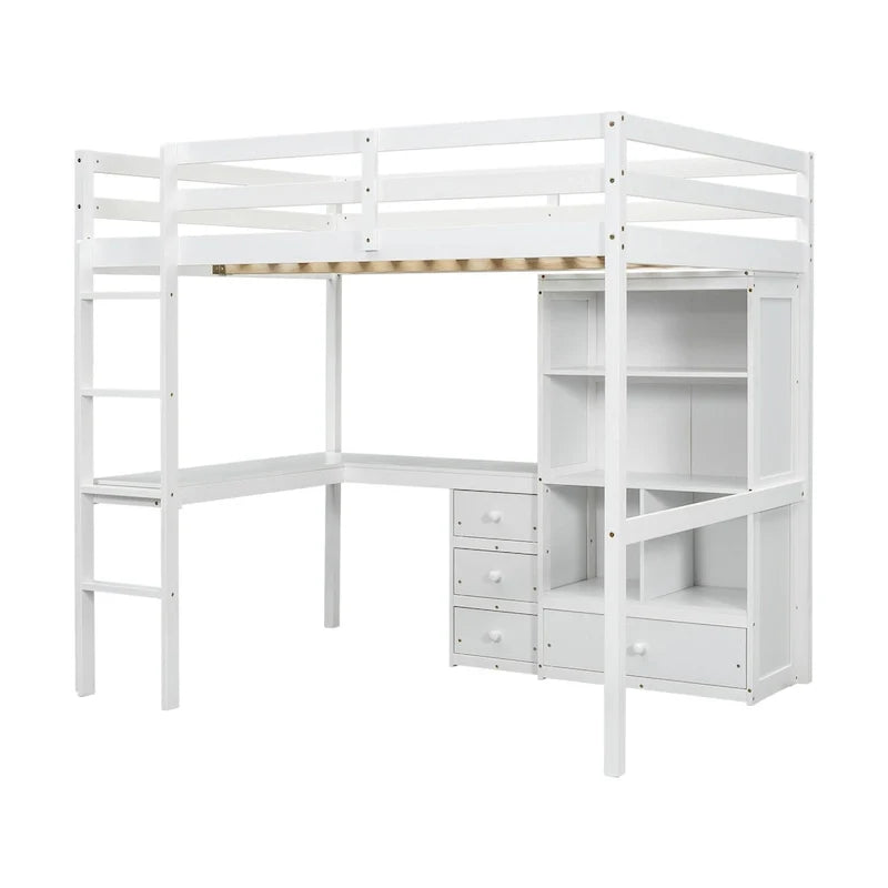 Lit mezzanine en bois de taille standard avec bureau en forme de L, étagères de rangement et tiroirs