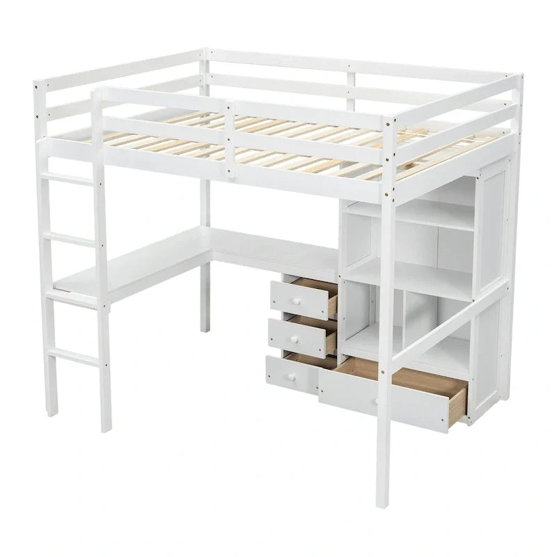 Lit mezzanine en bois de taille standard avec bureau en forme de L, étagères de rangement et tiroirs