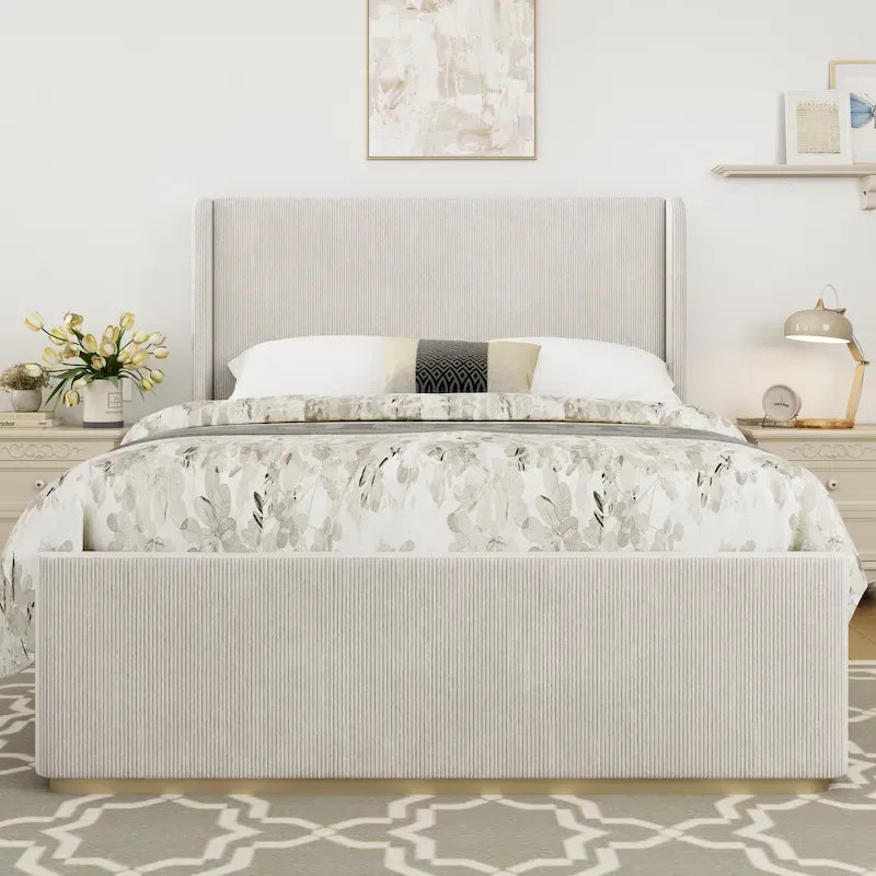 Corduroy Upholstered Bed with 47 Wingback Headboard with Metal/Wood Frame (No Box Spring Needed)