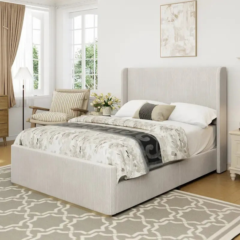 Corduroy Upholstered Bed with 47 Wingback Headboard with Metal/Wood Frame (No Box Spring Needed)