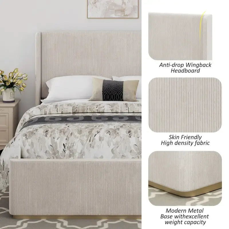 Corduroy Upholstered Bed with 47 Wingback Headboard with Metal/Wood Frame (No Box Spring Needed)