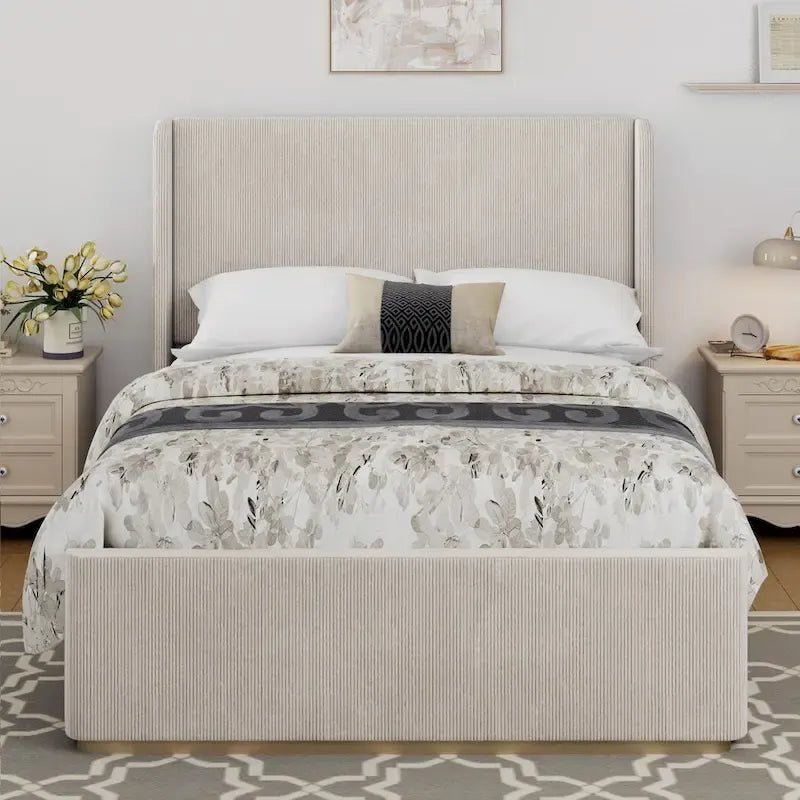 Corduroy Upholstered Bed with 47 Wingback Headboard with Metal/Wood Frame (No Box Spring Needed)