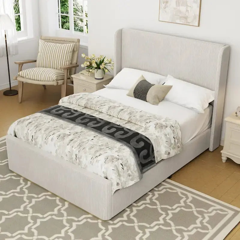 Corduroy Upholstered Bed with 47 Wingback Headboard with Metal/Wood Frame (No Box Spring Needed)