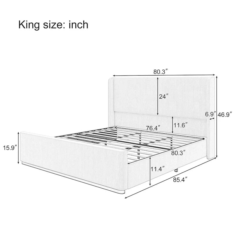 Corduroy Upholstered Bed with 47 Wingback Headboard with Metal/Wood Frame (No Box Spring Needed)