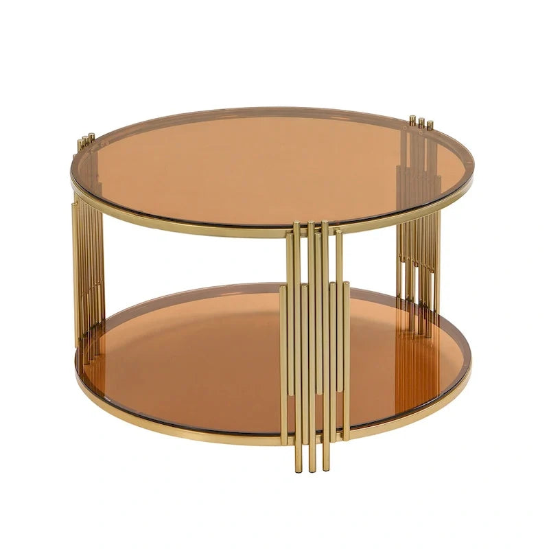 31.5 Tempered Glass Coffee Table with Asymmetrical Metal Design and Lower Shelf