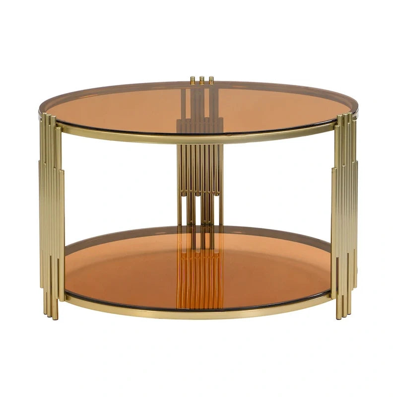 31.5 Tempered Glass Coffee Table with Asymmetrical Metal Design and Lower Shelf