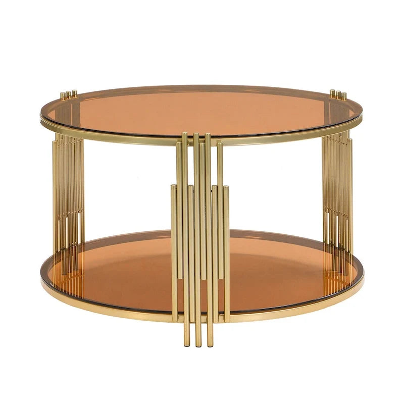 31.5 Tempered Glass Coffee Table with Asymmetrical Metal Design and Lower Shelf
