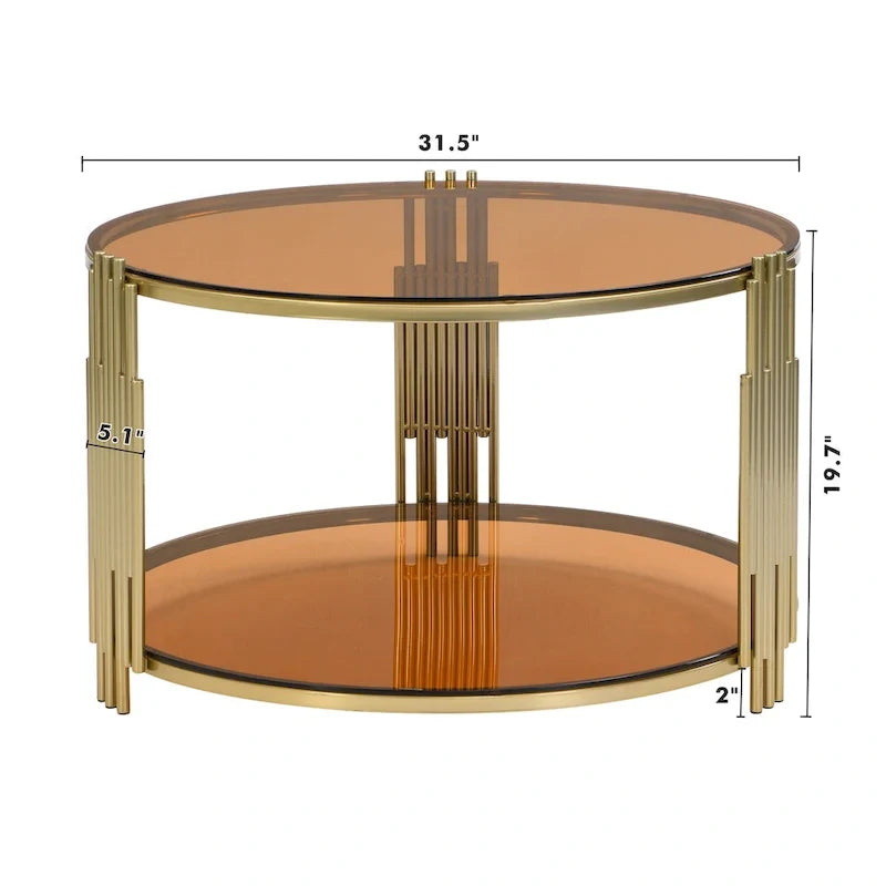 31.5 Tempered Glass Coffee Table with Asymmetrical Metal Design and Lower Shelf