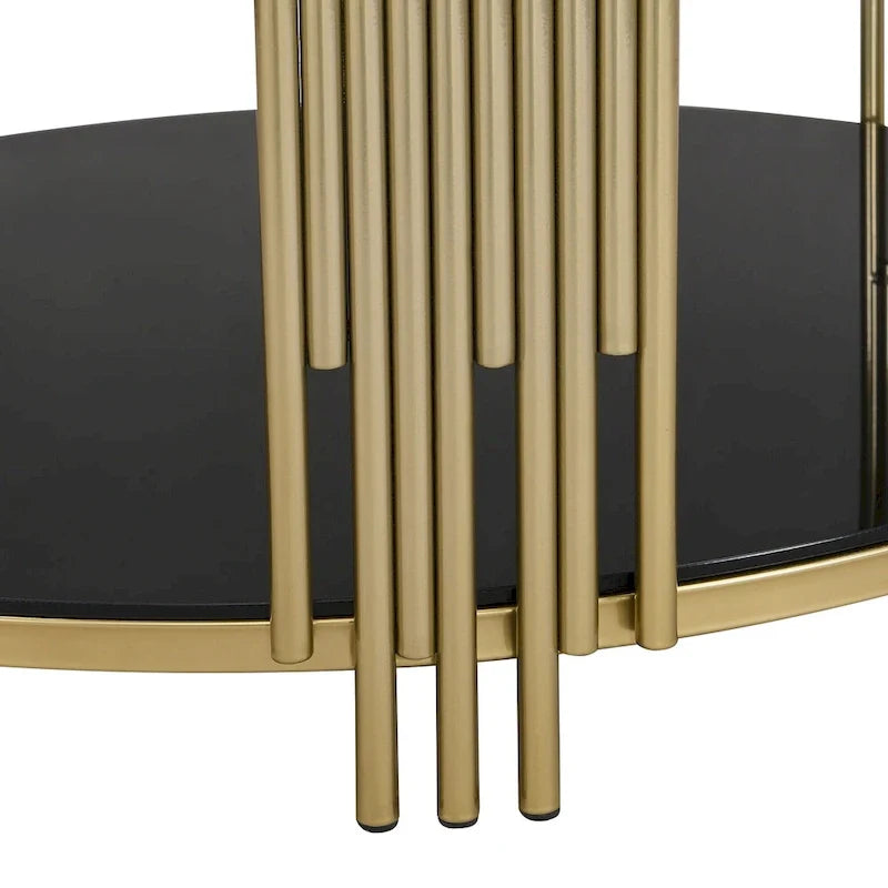 31.5 Tempered Glass Coffee Table with Asymmetrical Metal Design and Lower Shelf