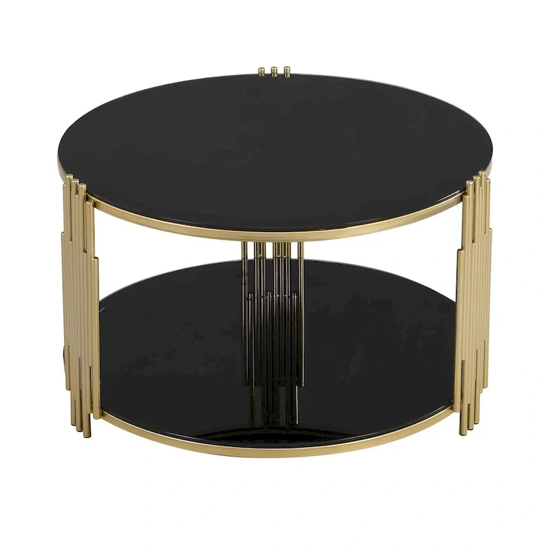 31.5 Tempered Glass Coffee Table with Asymmetrical Metal Design and Lower Shelf